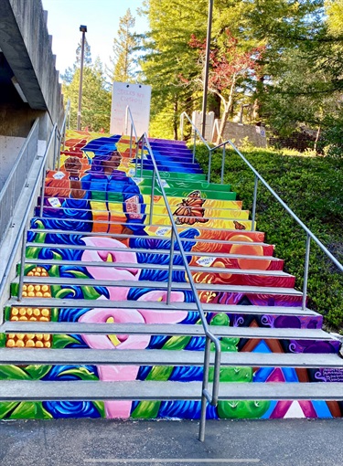 A mural painted on a staircase. 