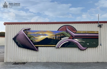 A mural on a building wall. 