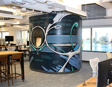 A mural on a building column. 