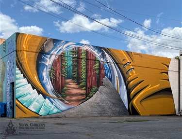 A mural on a building wall. 