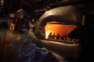 An art installation in a storefront window. 