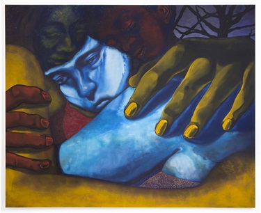 An abstract painting with hands and faces. 