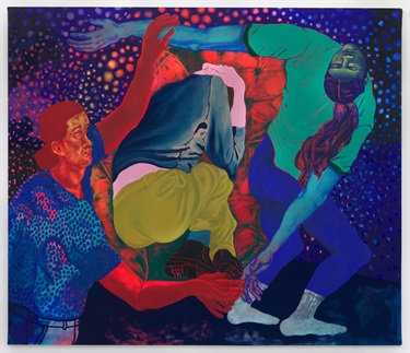 A painting of people with an abstract background. 