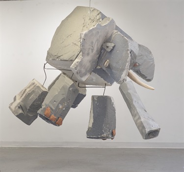 An abstract elephant sculpture. 