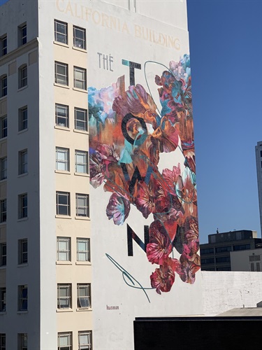 A mural on the side of a building. 