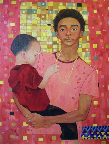 A painting of a person holding a child. 
