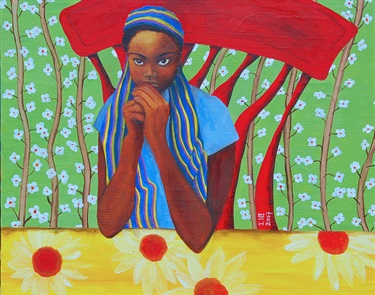 A painting of a person sitting at a table.