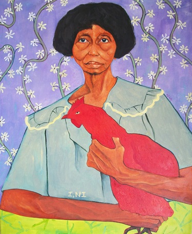 A painting of a person holding a red chicken.