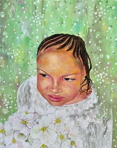 A painting of a person with white flowers.