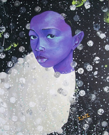 A painting of a person with blue skin.
