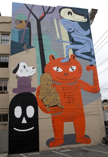 A mural on the side of a building. 