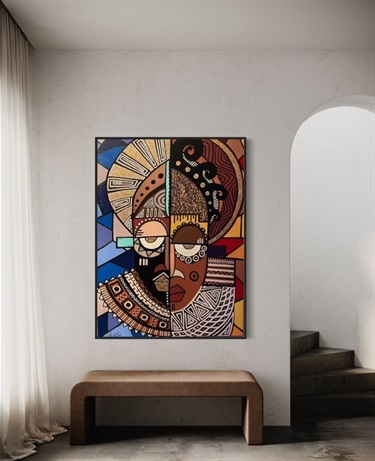 A painting hanging on a wall above a bench.