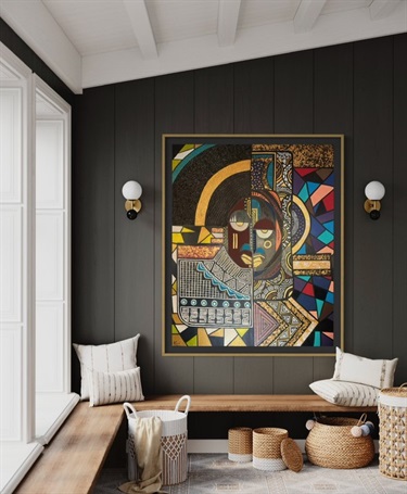 A painting on a wall in a furnished room.