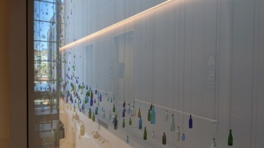 Sculptures suspended from the ceiling. 