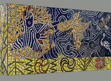 A tile mosaic on a wall.