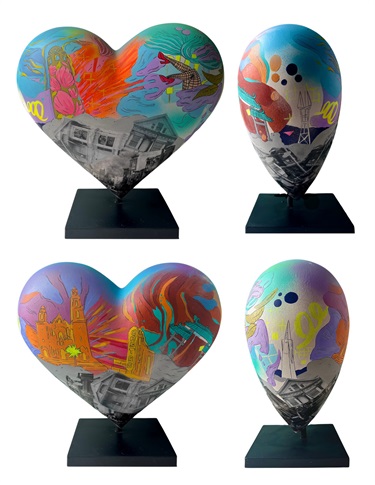 A series of photos of a heart shaped sculpture.