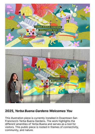 A person standing next to a mural. 