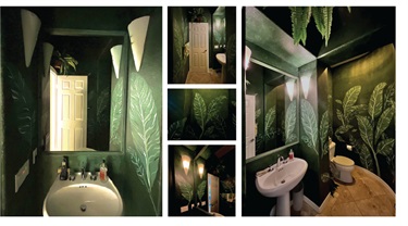 A series of photos of an art installation in a bathroom.