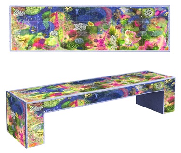 A piece of abstract artwork on a bench.