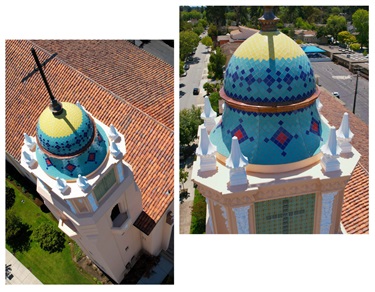 A colorful mosaic on the top of a building.