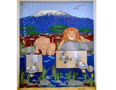 A colorful mosaic installation.