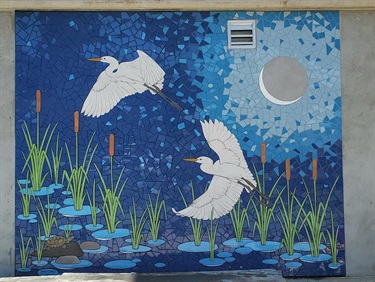 A colorful mosaic installation.