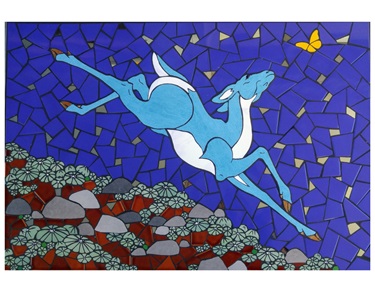 A colorful mosaic installation.