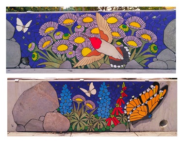 A colorful mosaic installation.