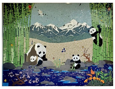 A colorful mosaic installation.