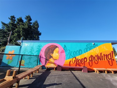 A colorful mural painted on the side of a building. 