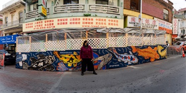 A person standing in front of a fence painted with fish. 