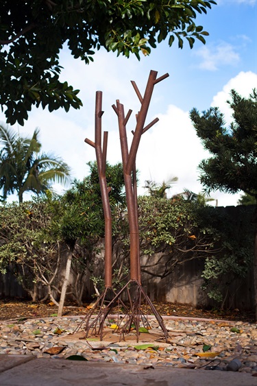 An outdoor abstract sculpture. 