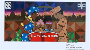 A painting with people and abstract shapes.