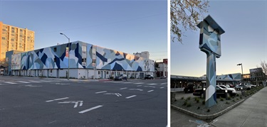 An abstract mural on the side of a building. 