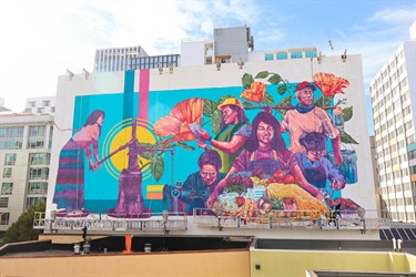 A mural painted on the side of a building. 