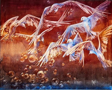  A painting of birds and a red background. 