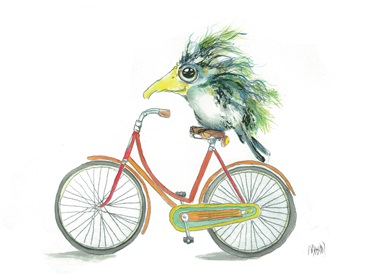 An illustration of a bird on a bicycle. 