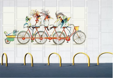 A mural of birds sitting on bikes, painted on a wall. 