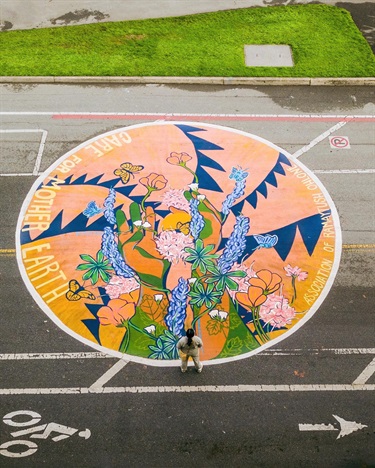 A circular mural painted on the street.