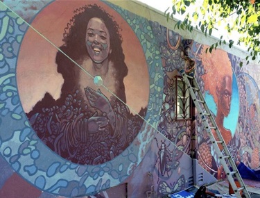 A mural painted on the side of a building. 