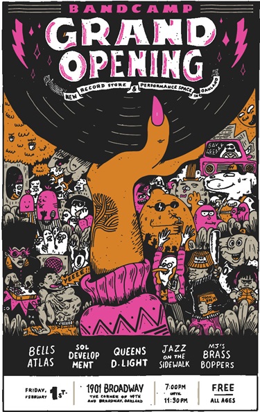 A poster with an illustration showing a hand holding a record. 