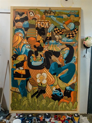 An abstract artwork of human figures. 