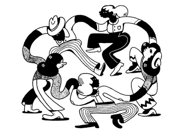 A drawing of people holding hands in a circle. 