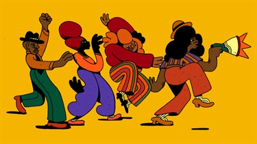 An abstract artwork of human figures. 