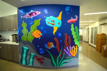 A mural painted on a building column.