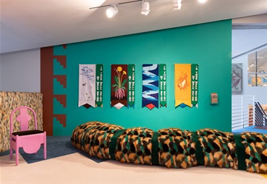 An art installation in a colorful room. 