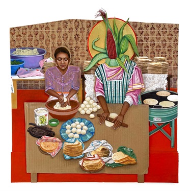 AN art piece of two people cooking.