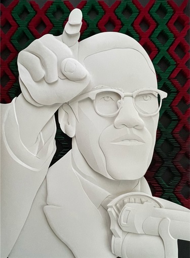 A portrait of Malcom X.