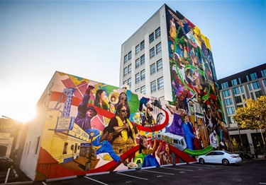 A mural painted on the side of a building. 