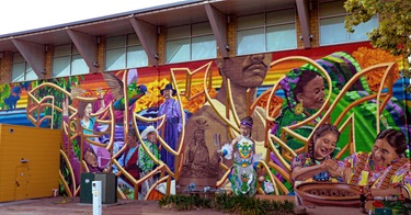 A mural painted on the side of a building. 